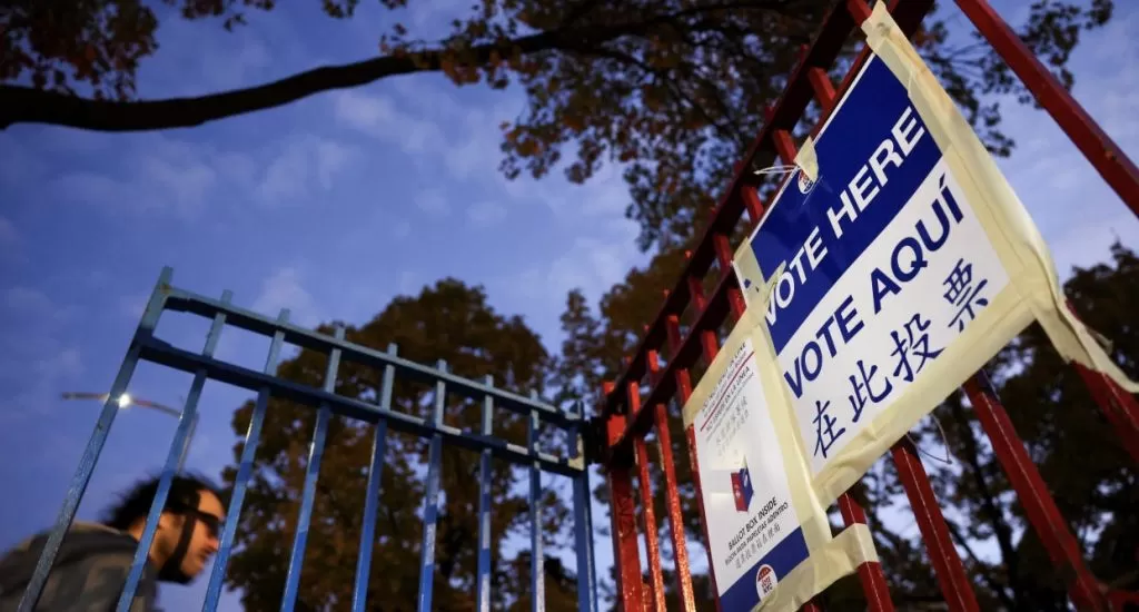 A vote here sign is displayed at PS 20 Anna Silver Elementary School on Election Day in New York City