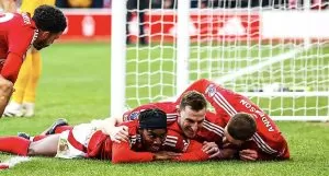 Nottingham Forest Chris Wood celebrates a goal he scores against Brighton